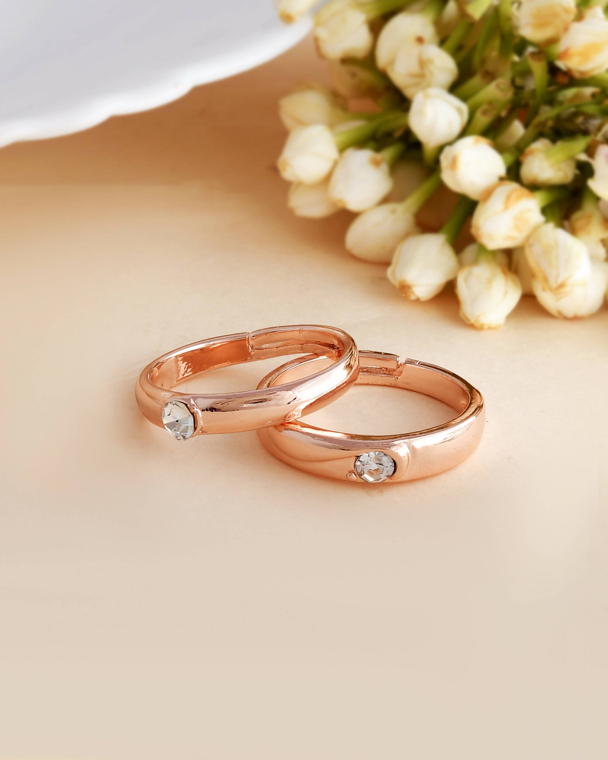 VOJ Stainless Steel Cubic Zirconia Rose Gold Plated Adjustable Ring Set for Couple - Distacart