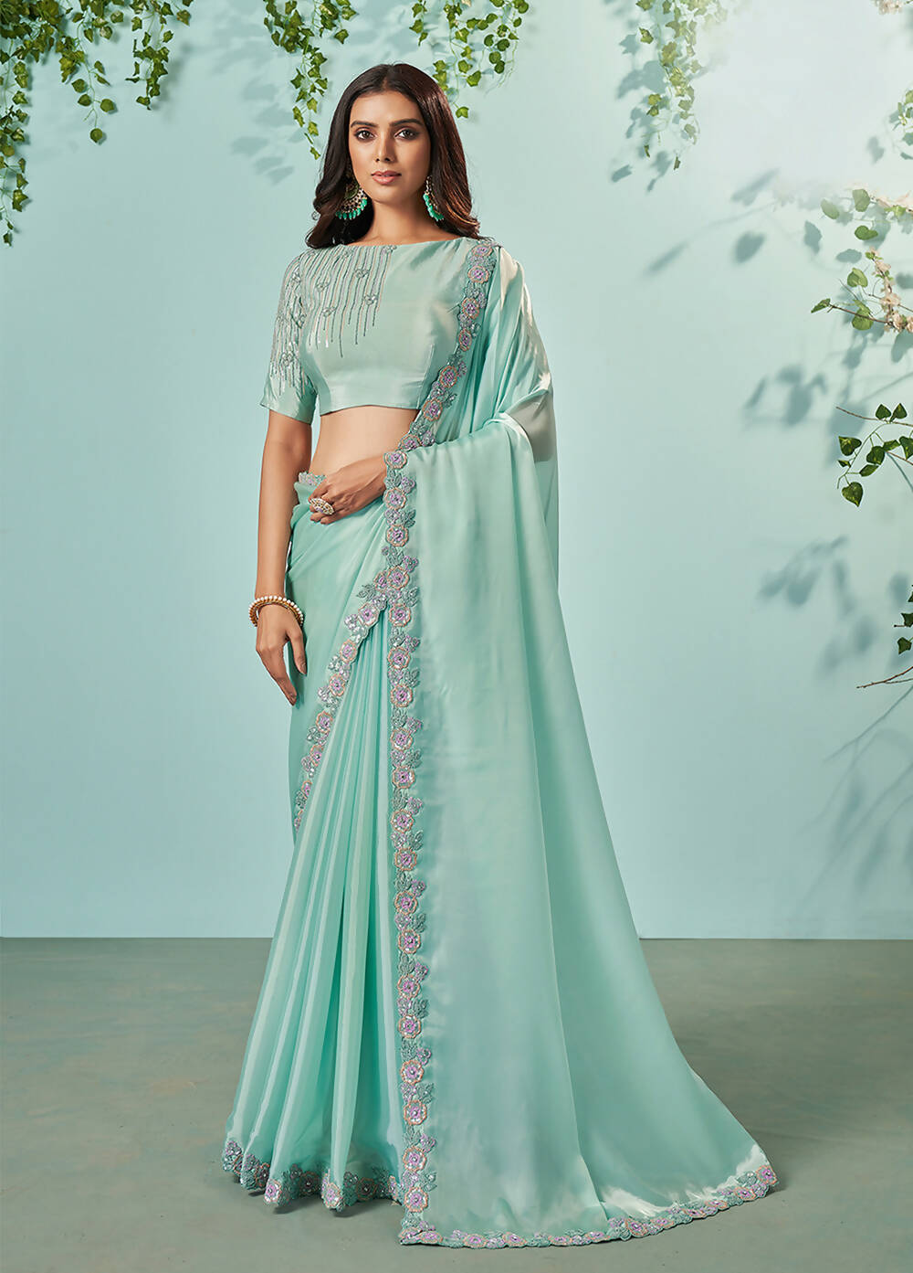 Sea Green Organza Silk Crepe Solid Saree With Unstitched Blouse Piece - Norita Ikshita - Distacart