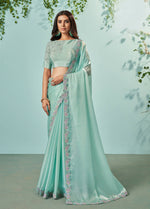 Thumbnail for Sea Green Organza Silk Crepe Solid Saree With Unstitched Blouse Piece - Norita Ikshita - Distacart