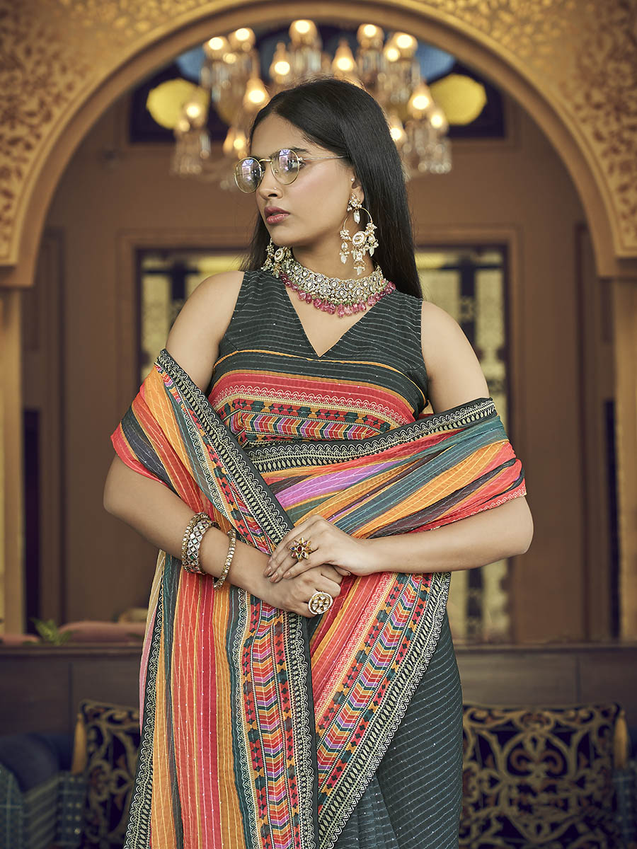 Myra Multicolour Gorgette Designer Saree - Distacart