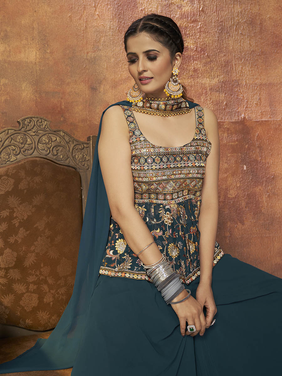 Myra Aequa Blue Georgette Embroidered Designer Suit - Distacart
