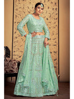 Thumbnail for Myra Pista Georgette Heavy Embroidered Designer Lehenga - Distacart