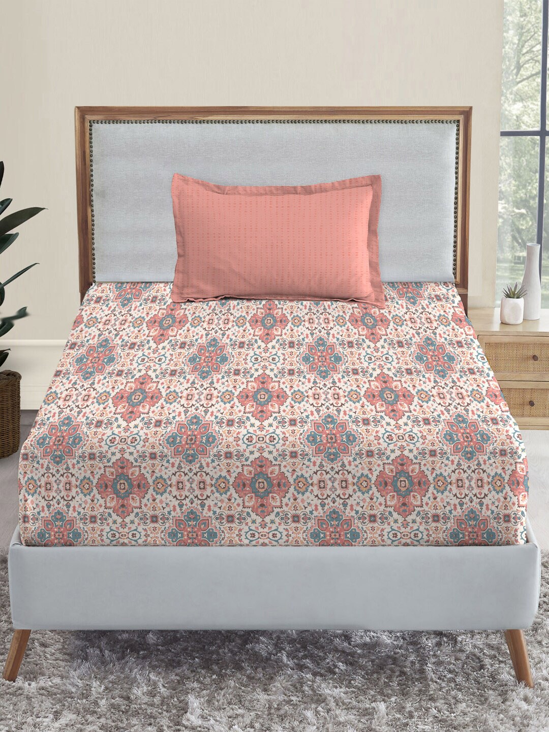 MYTRIDENT Dusk and Dawn Pink Ethnic Motifs Cotton 144 TC Single Bedsheet with 1 Pillow Cover - Distacart