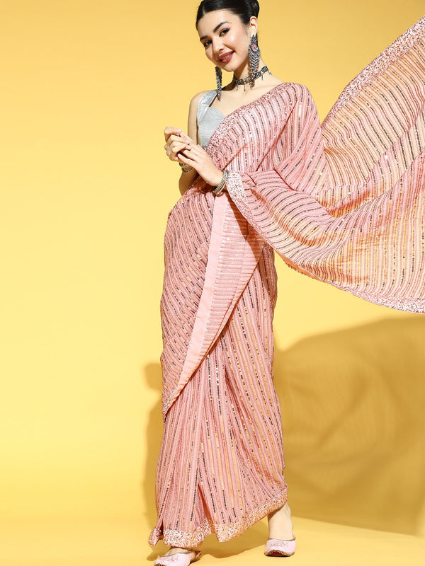 Mitera Striped Saree with Embellished Border - Distacart