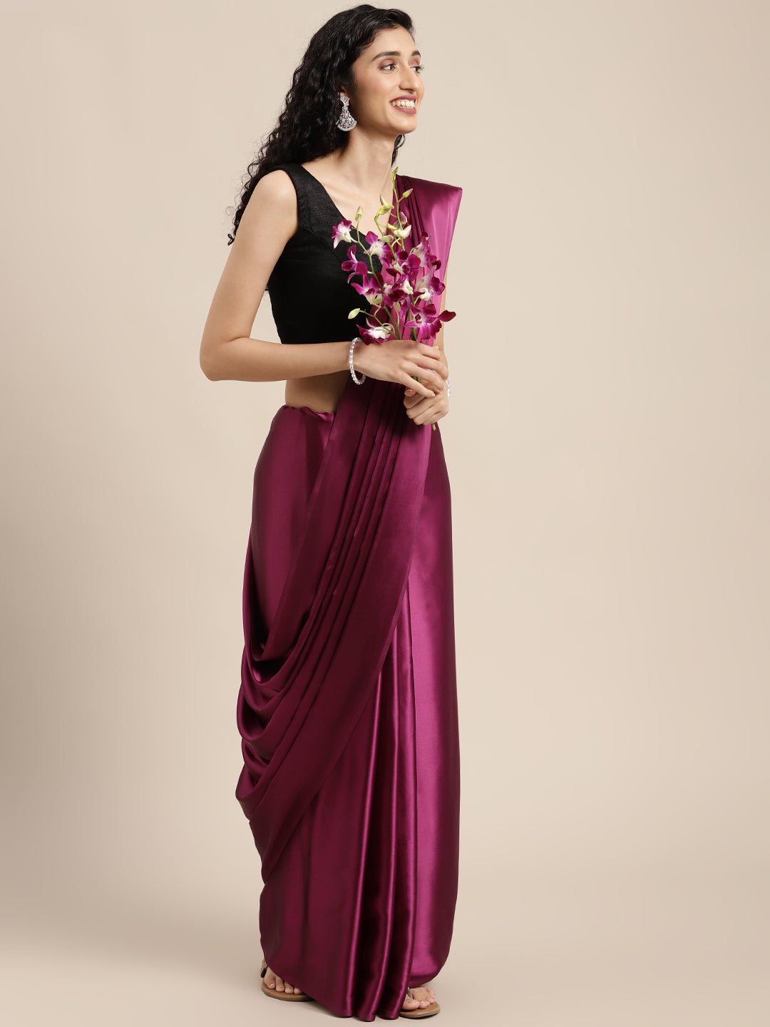 Mitera Burgundy Solid Satin Saree - Distacart