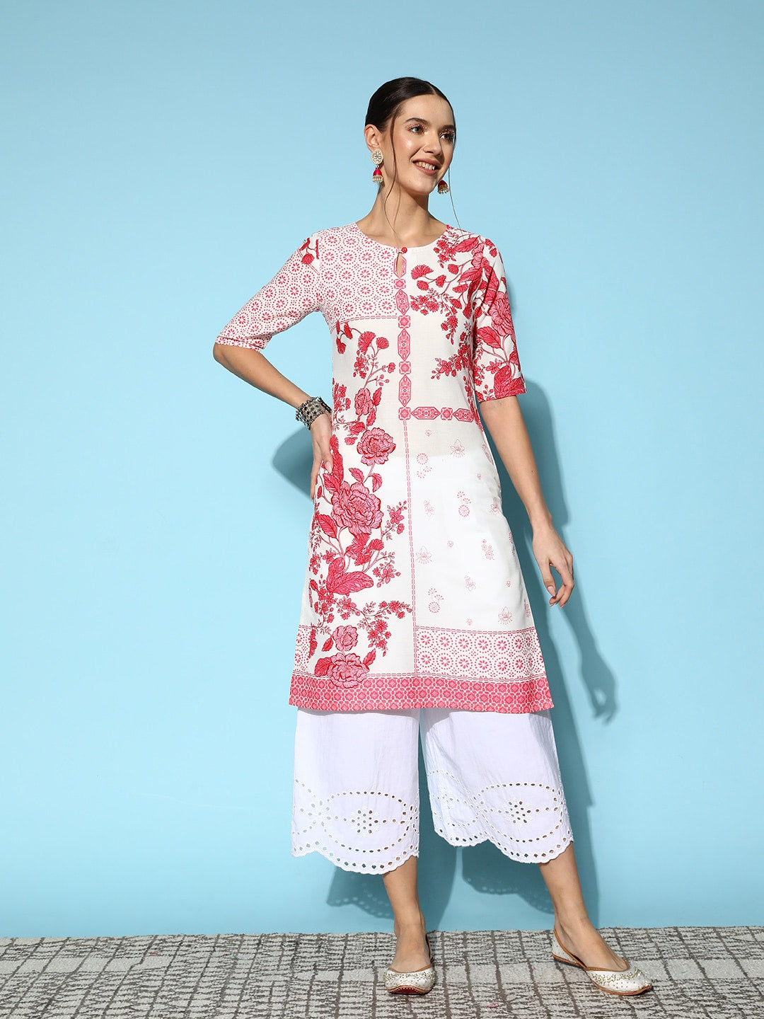 Sangria Women Floral Printed Keyhole Neck Floral Kurta - Distacart
