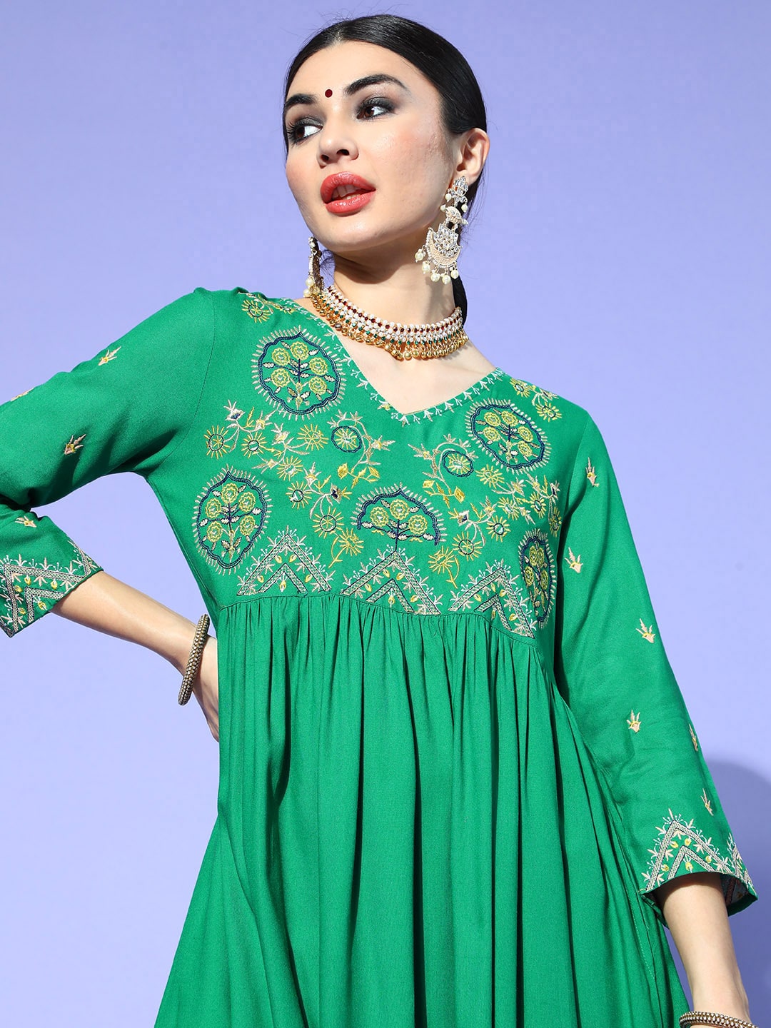 Sangria Women Green Yoke Design Empire Kurta with Trousers - Distacart