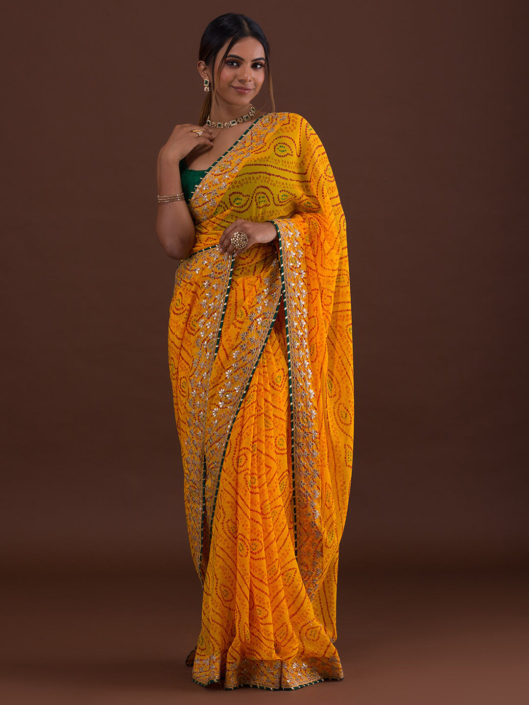 Koskii Yellow & Red Bandhani Gotta Patti Bandhani Saree - Distacart