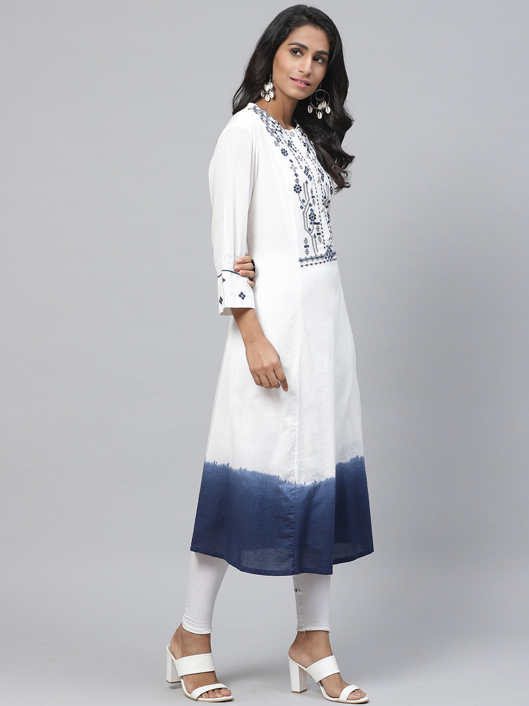 Biba Women White & Navy Blue Yoke Design Dyed A-Line Kurta - Distacart
