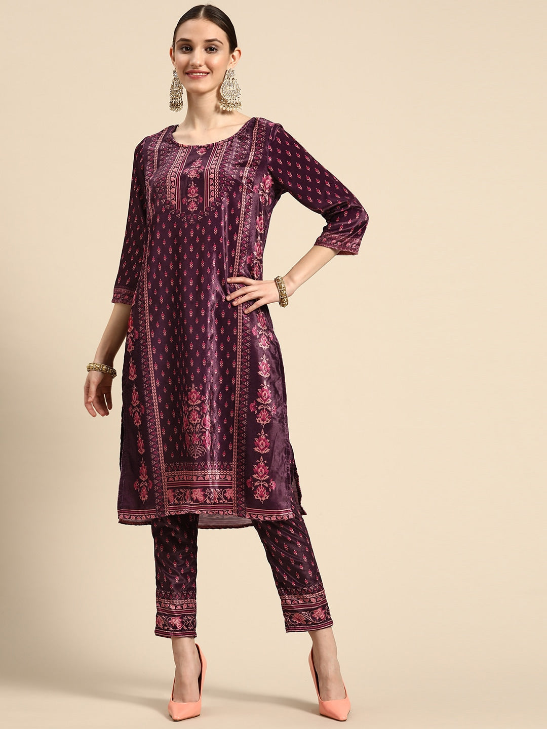 Sangria Women Burgundy & Pink Ethnic Motifs Printed Kurta with Trousers - Distacart
