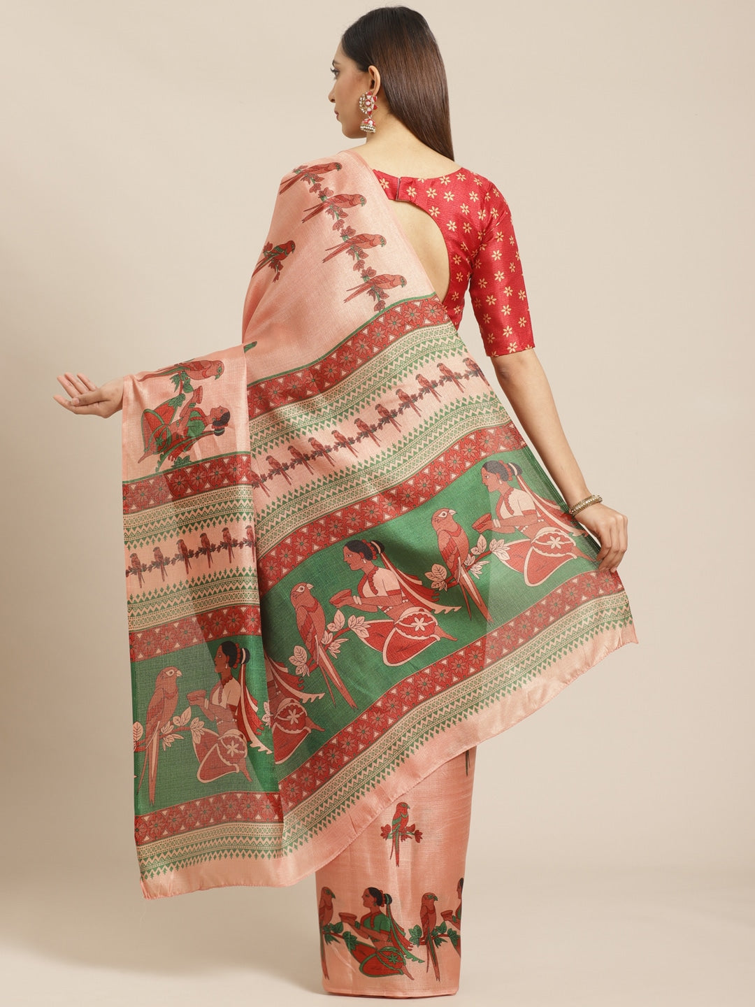 Saree Mall Peach-Coloured & Red Printed Saree - Distacart