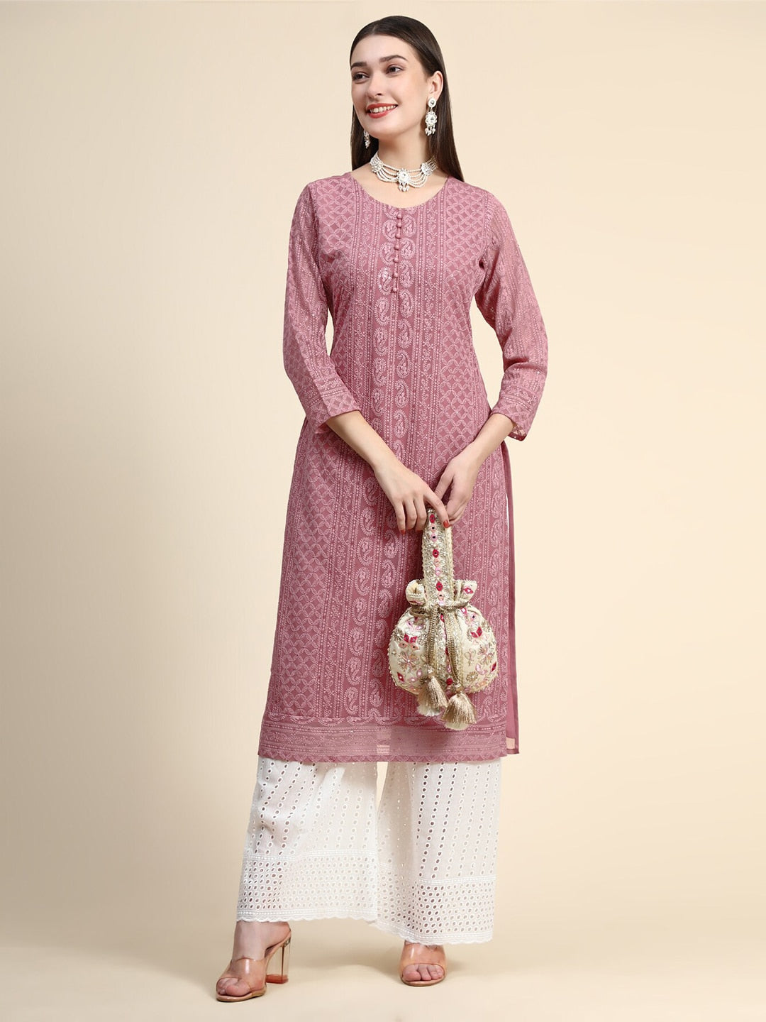 Kalini Round Neck Paisley Embroidered Chikankari Georgette Kurta - Distacart
