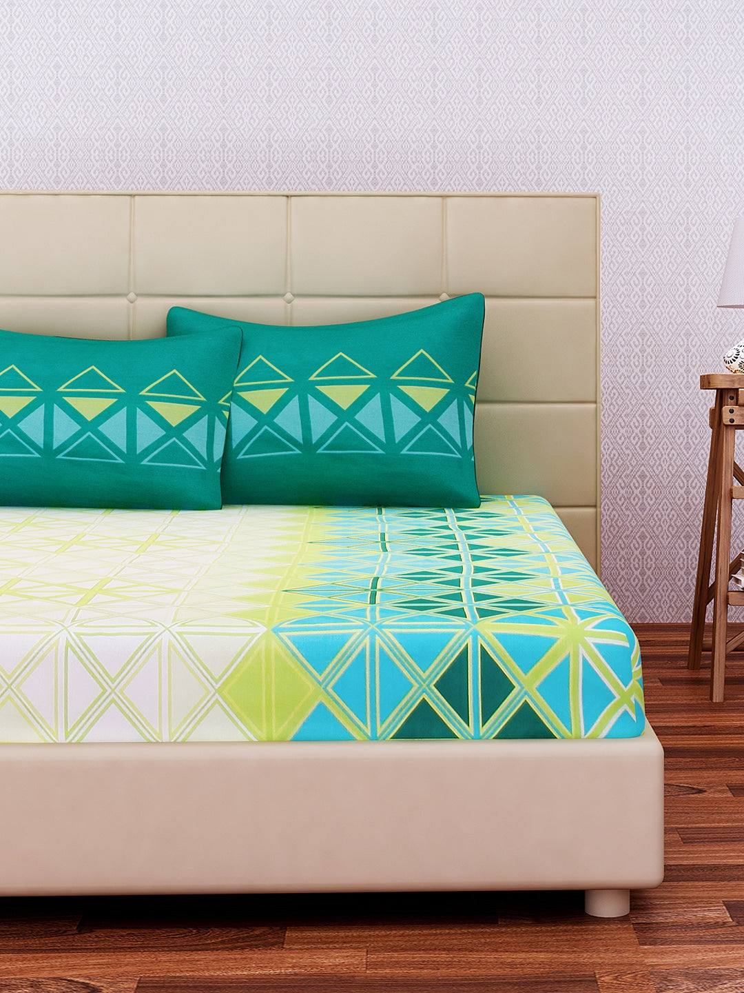 SEJ by Nisha Gupta Off-White Geometric Flat 144 TC 1 Double Bedsheet 2 Pillow Covers - Distacart