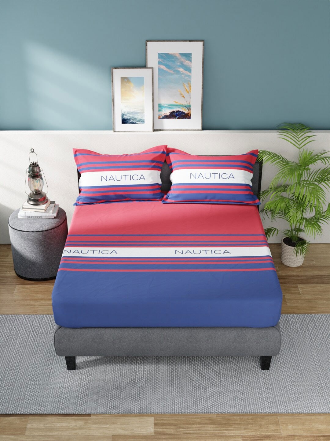 Nautica Bradford Red & Blue Striped 160 TC Pure Cotton King Bedsheet & 2 Pillow Covers - Distacart