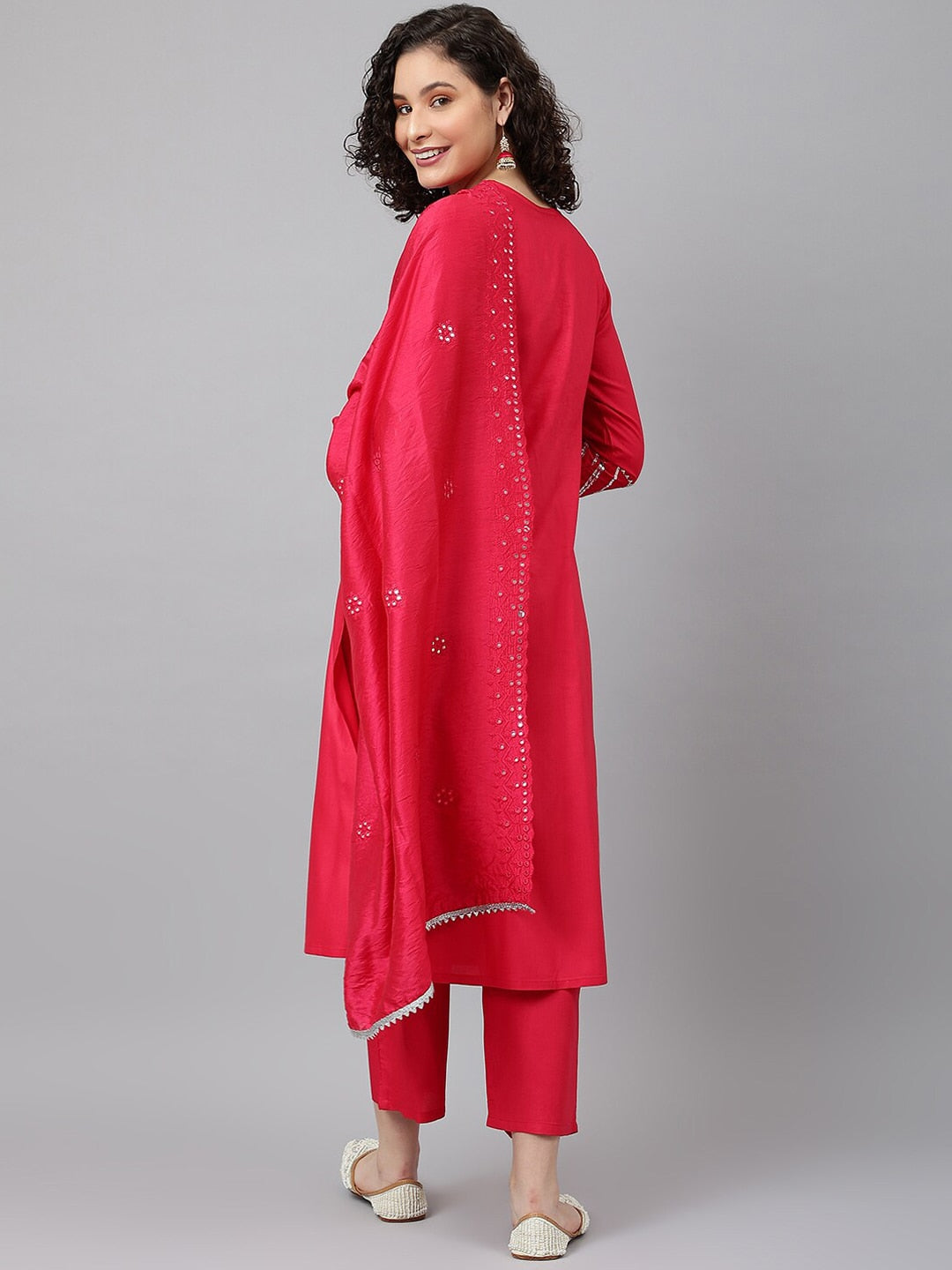 Khushal K Notched Neck Gotta Patti Mirror Work Straight Kurta with Palazzos & Dupatta - Distacart