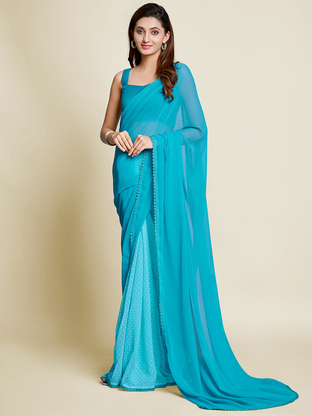 Mitera Blue Polka Dot Pure Georgette Half and Half Saree - Distacart