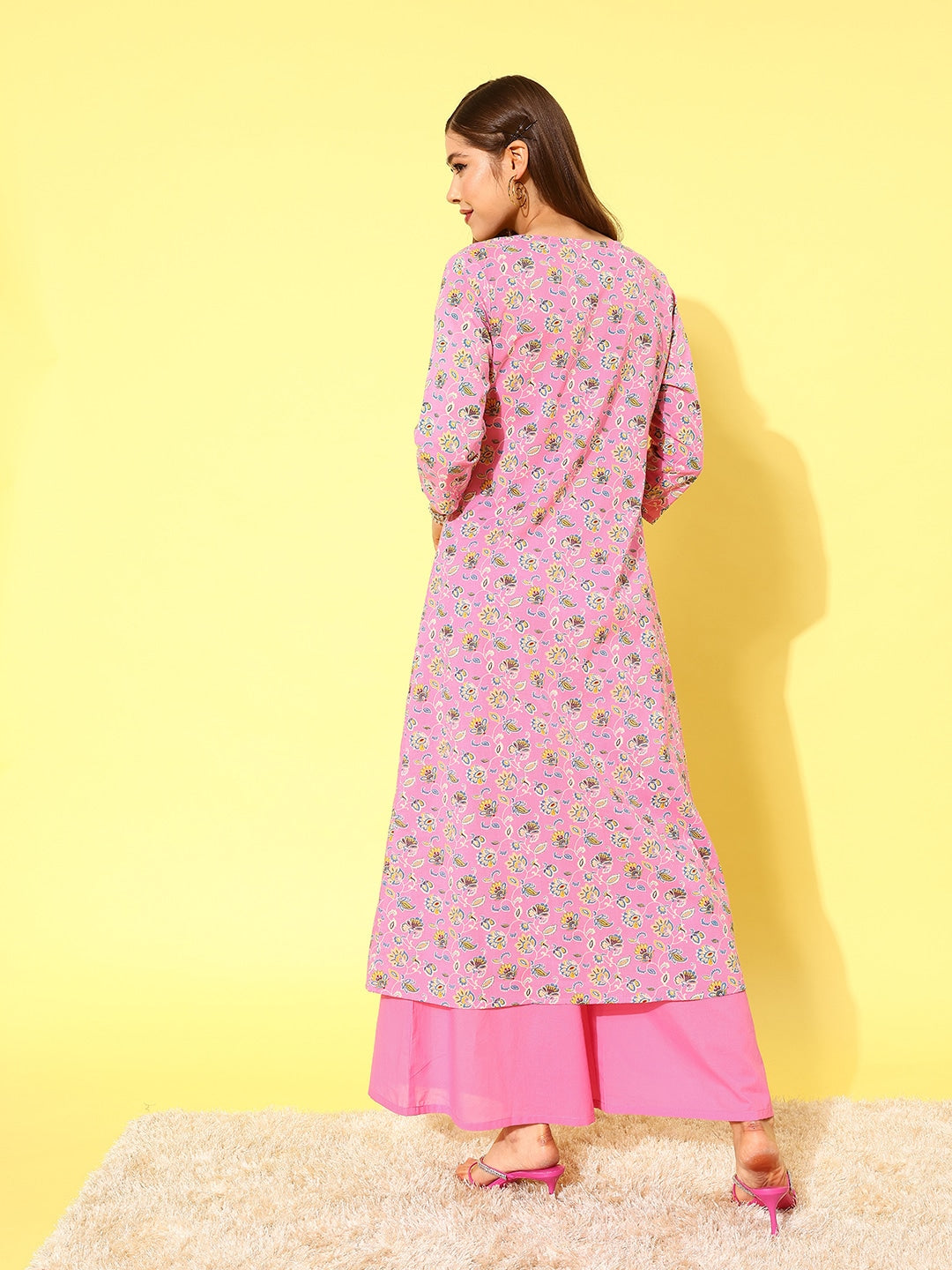 HERE&NOW Women Pink Floral Printed Regular Pure Cotton Kurta with Palazzos - Distacart