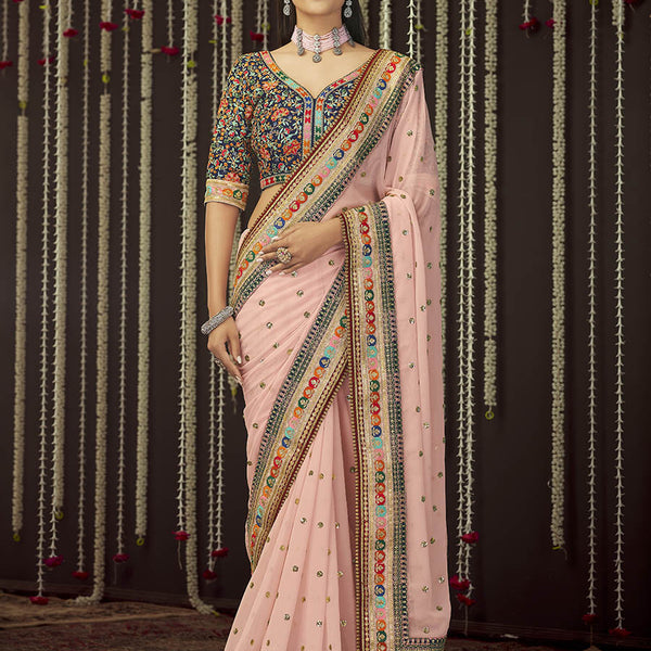 Myra Baby Pink Art Silk Heavy Embroidered Designer Saree - Distacart