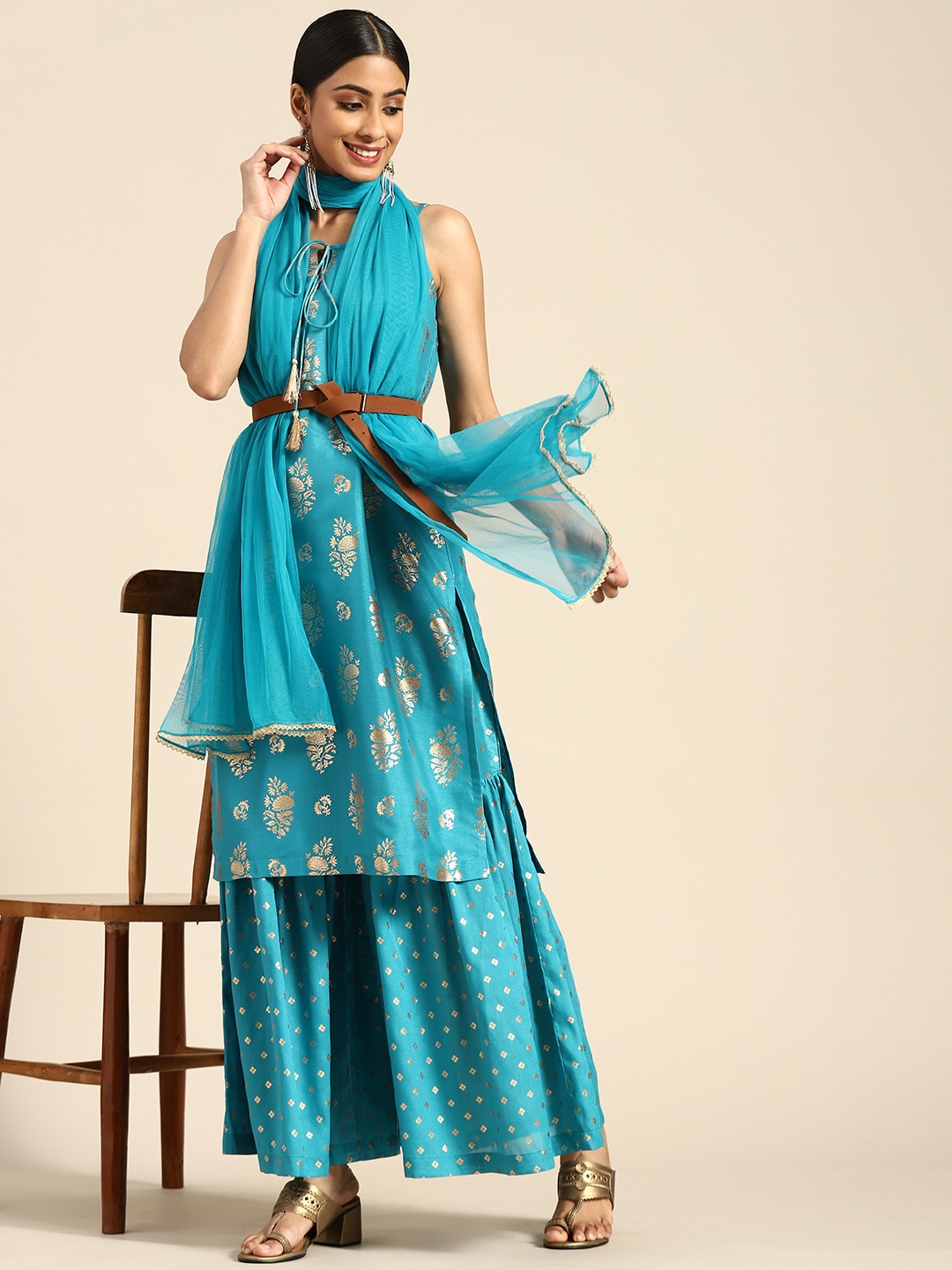 Sangria Women Blue & Golden Ethnic Motifs Printed Kurta with Sharara & Dupatta - Distacart