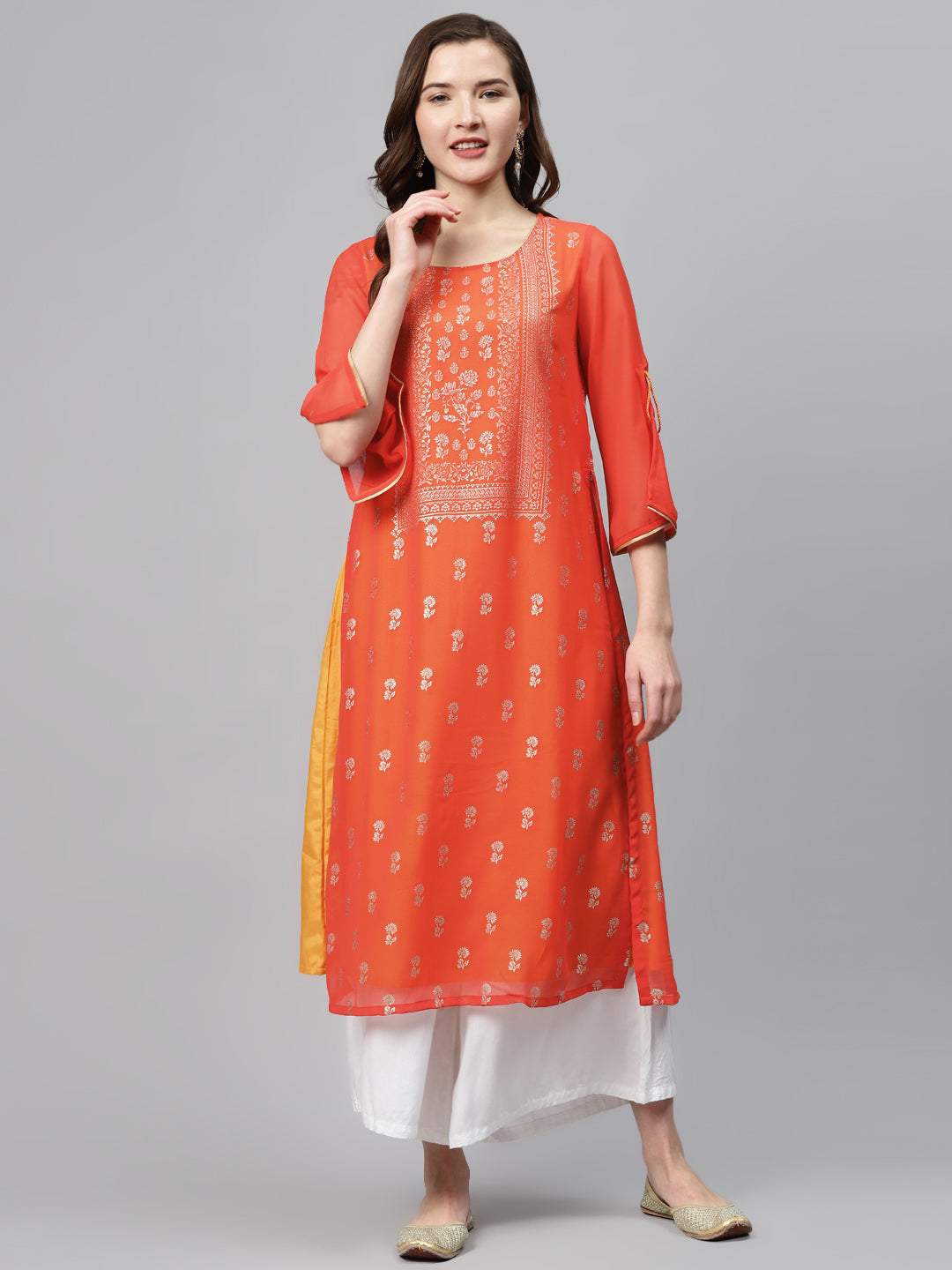Biba Women Rust Orange & Golden Printed Layered Straight Kurta - Distacart