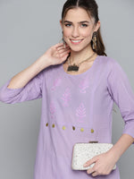 Thumbnail for HERE&NOW Women Lavender Yoke Design Pure Cotton Thread Work Straight Kurta - Distacart