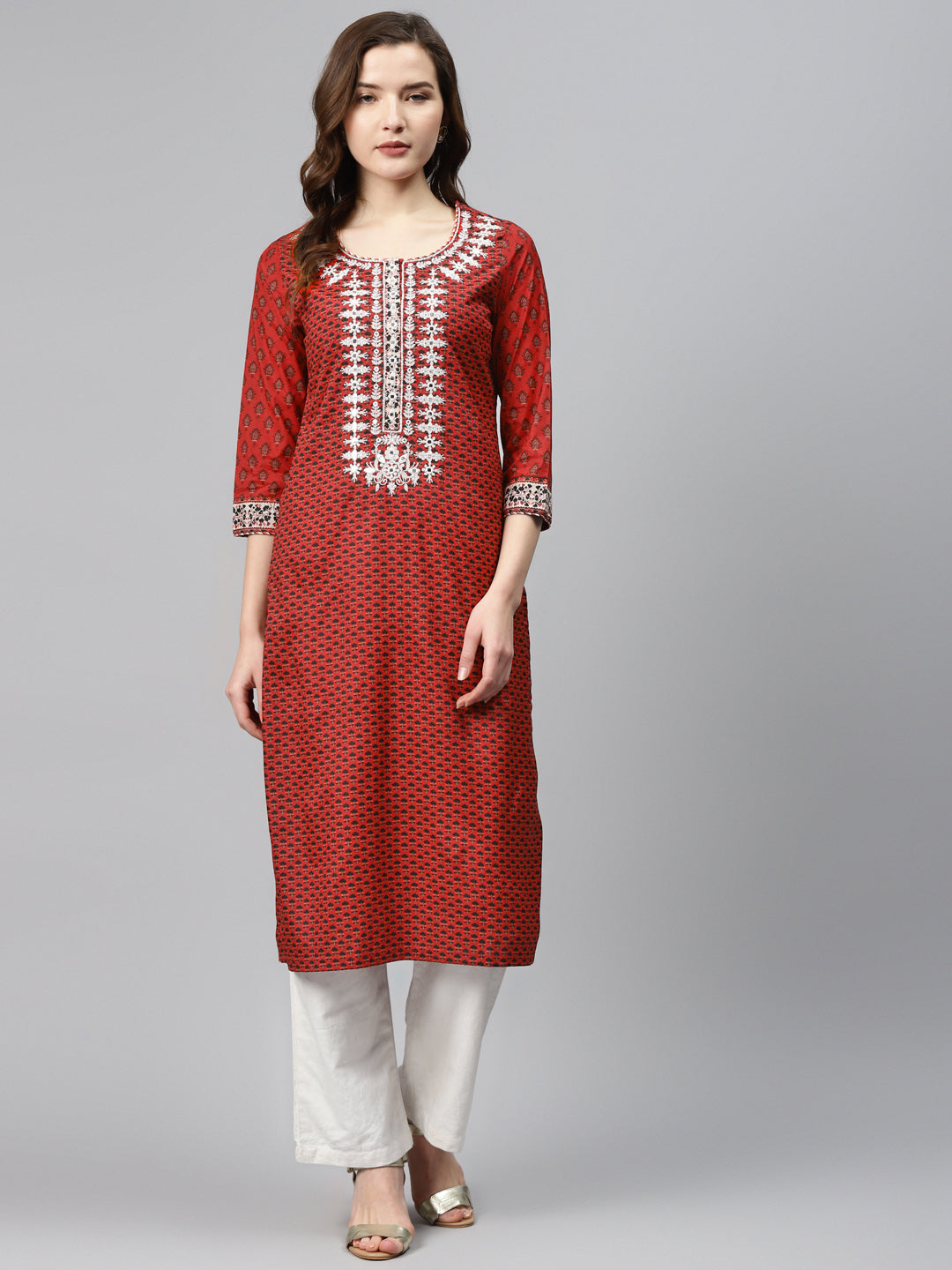 Biba Women Maroon & Black Printed Straight Kurta - Distacart