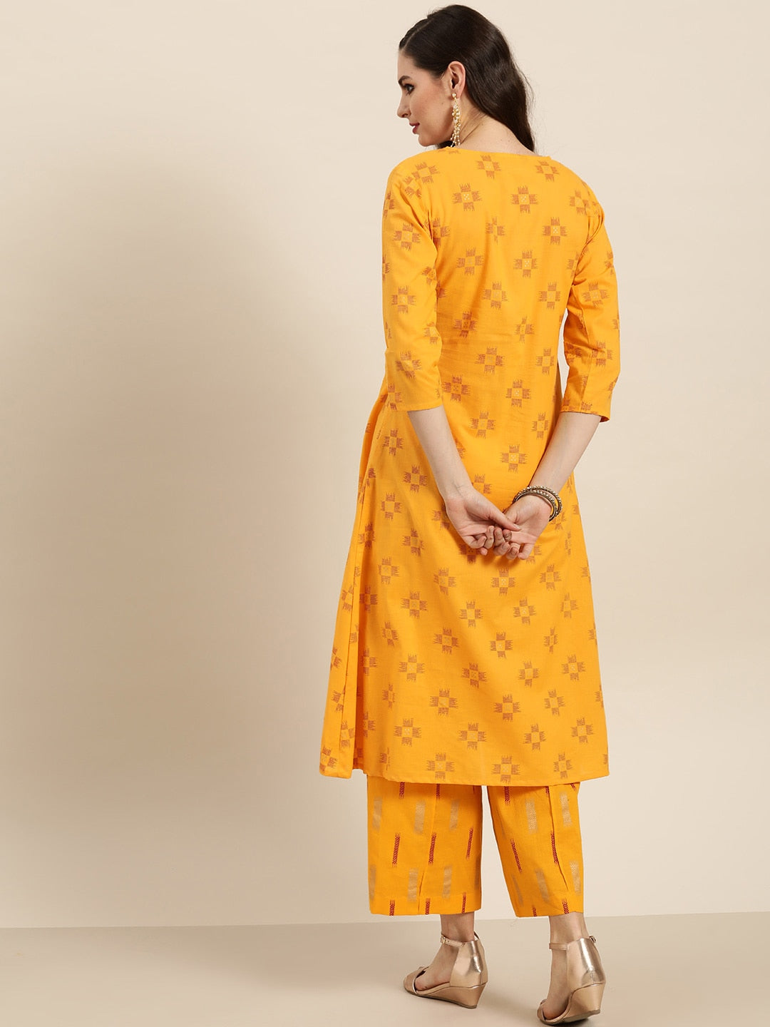Sangria Women Mustard Yellow & Red Pure Cotton Printed Kurta with Palazzos - Distacart