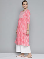 Thumbnail for HERE&NOW Women Pink & White Ethnic Motifs Printed Gotta Patti Pure Cotton Kurta - Distacart