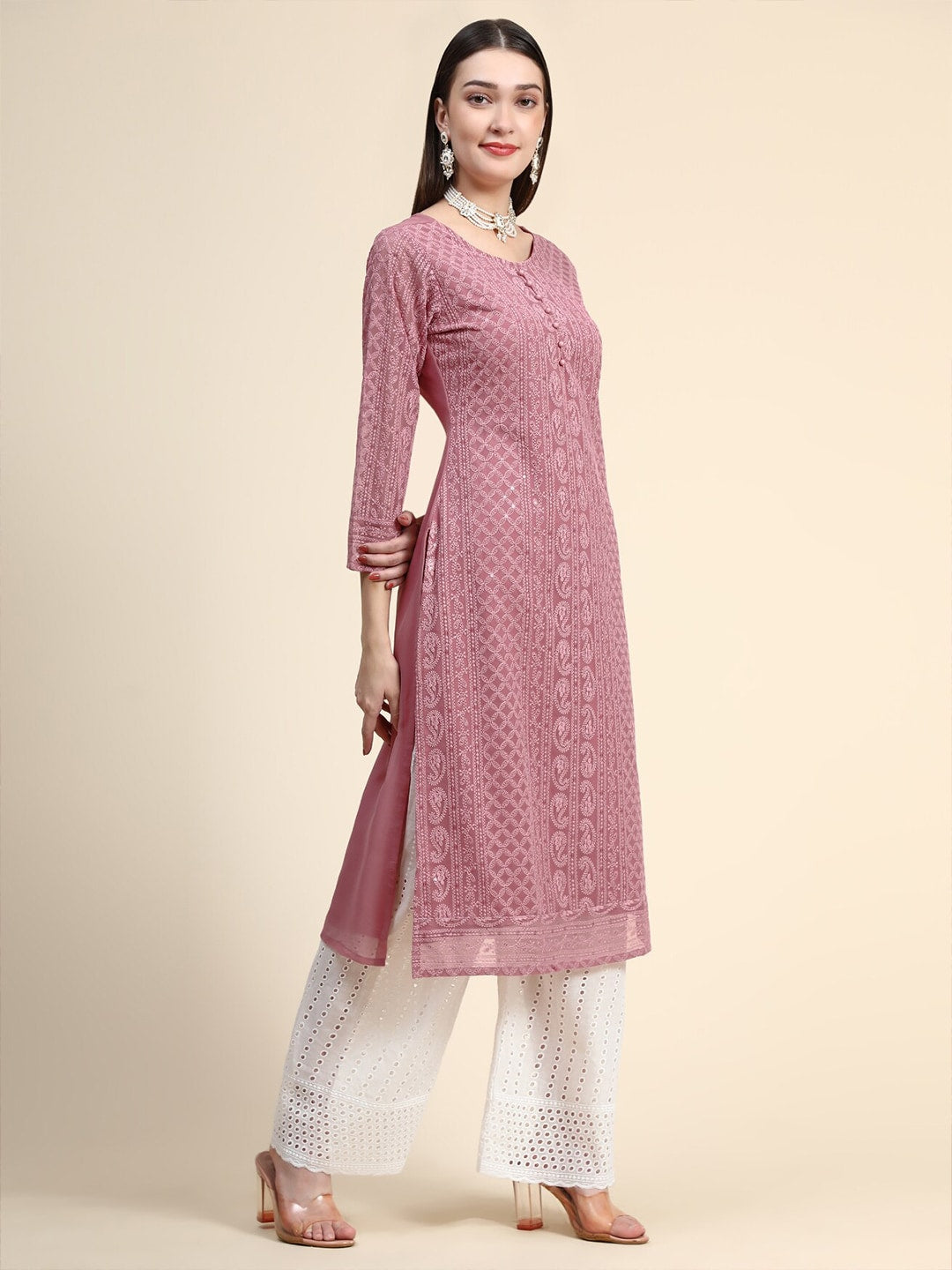 Kalini Round Neck Paisley Embroidered Chikankari Georgette Kurta - Distacart