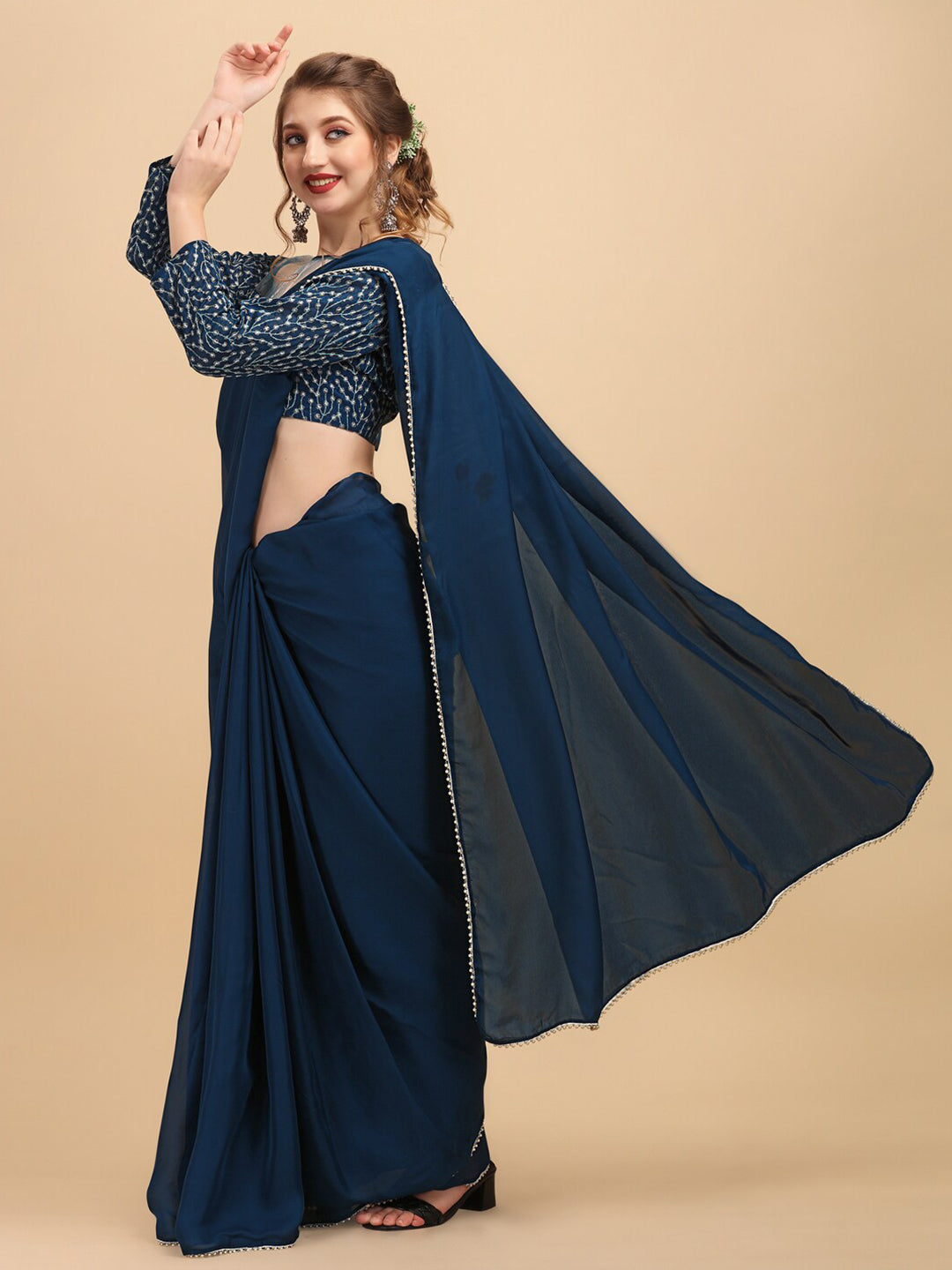 Sangria Satin Saree With Beads & Stones Embellished Border - Distacart