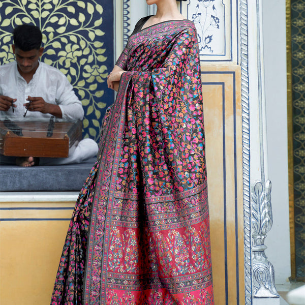 Mitera Black & Pink Floral Silk Blend Saree - Distacart