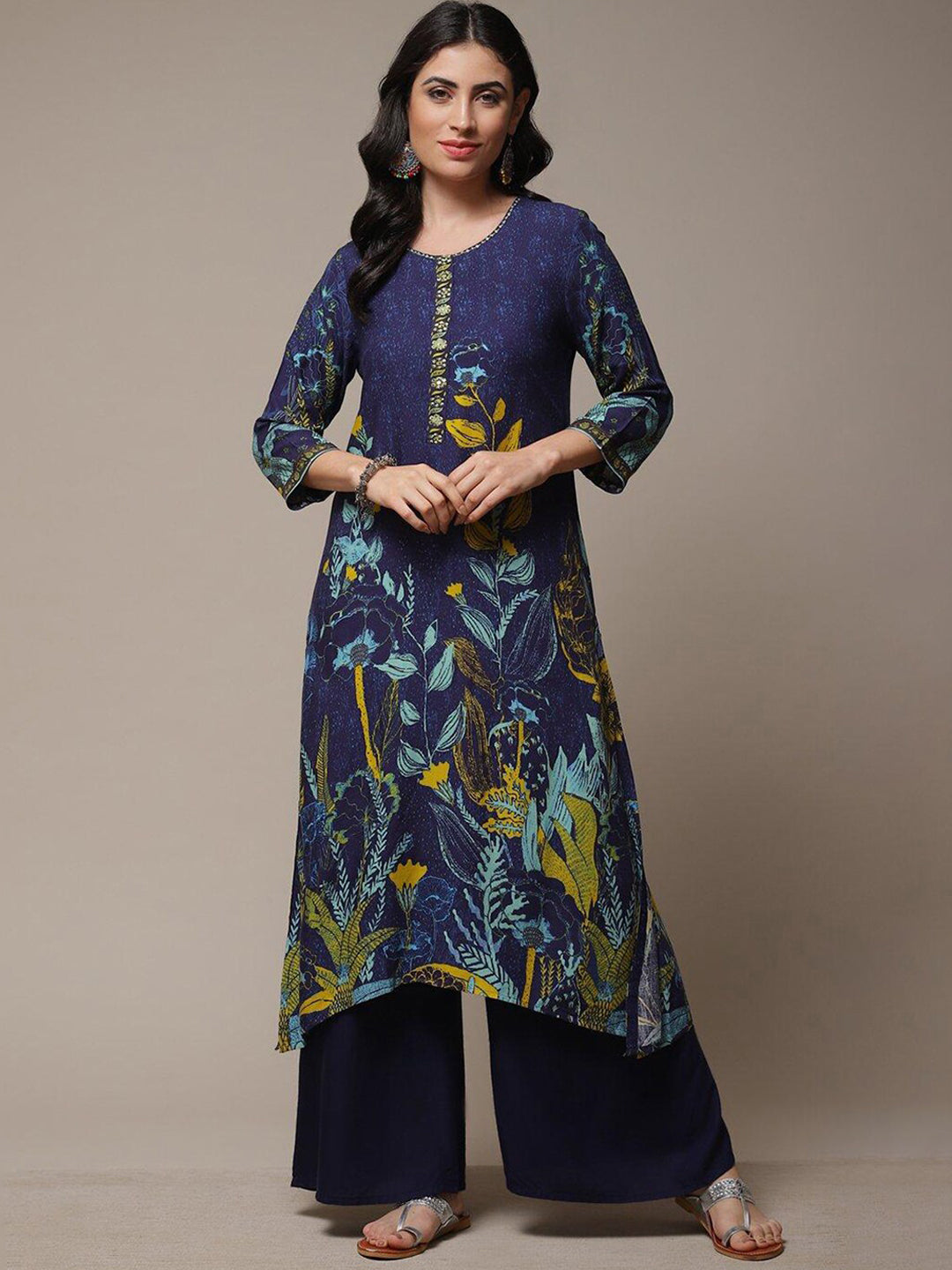 Biba Floral Printed Thread Work Beads Detail A-Line Asymmetric Kurta - Distacart