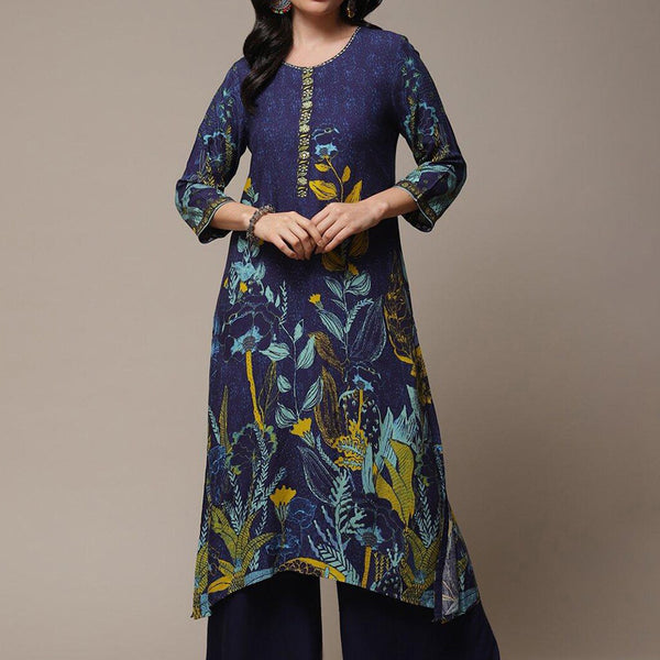 Biba Floral Printed Thread Work Beads Detail A-Line Asymmetric Kurta - Distacart