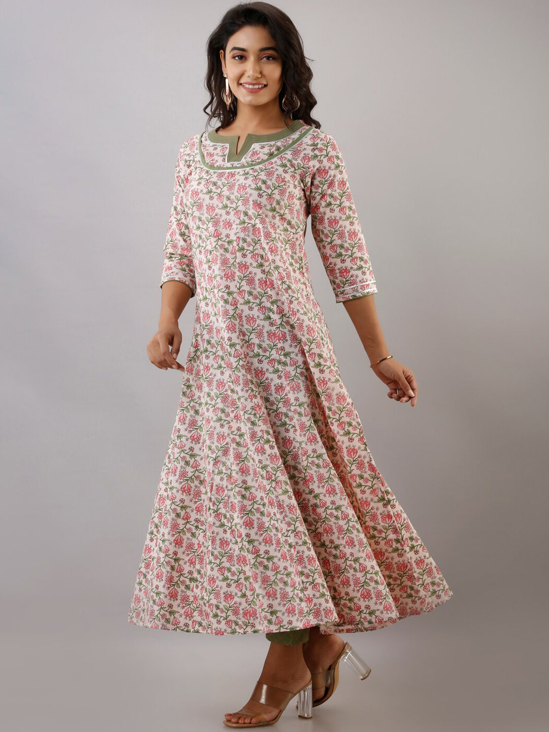 Kalini Women Pink Floral Printed Anarkali Cotton Kurta - Distacart