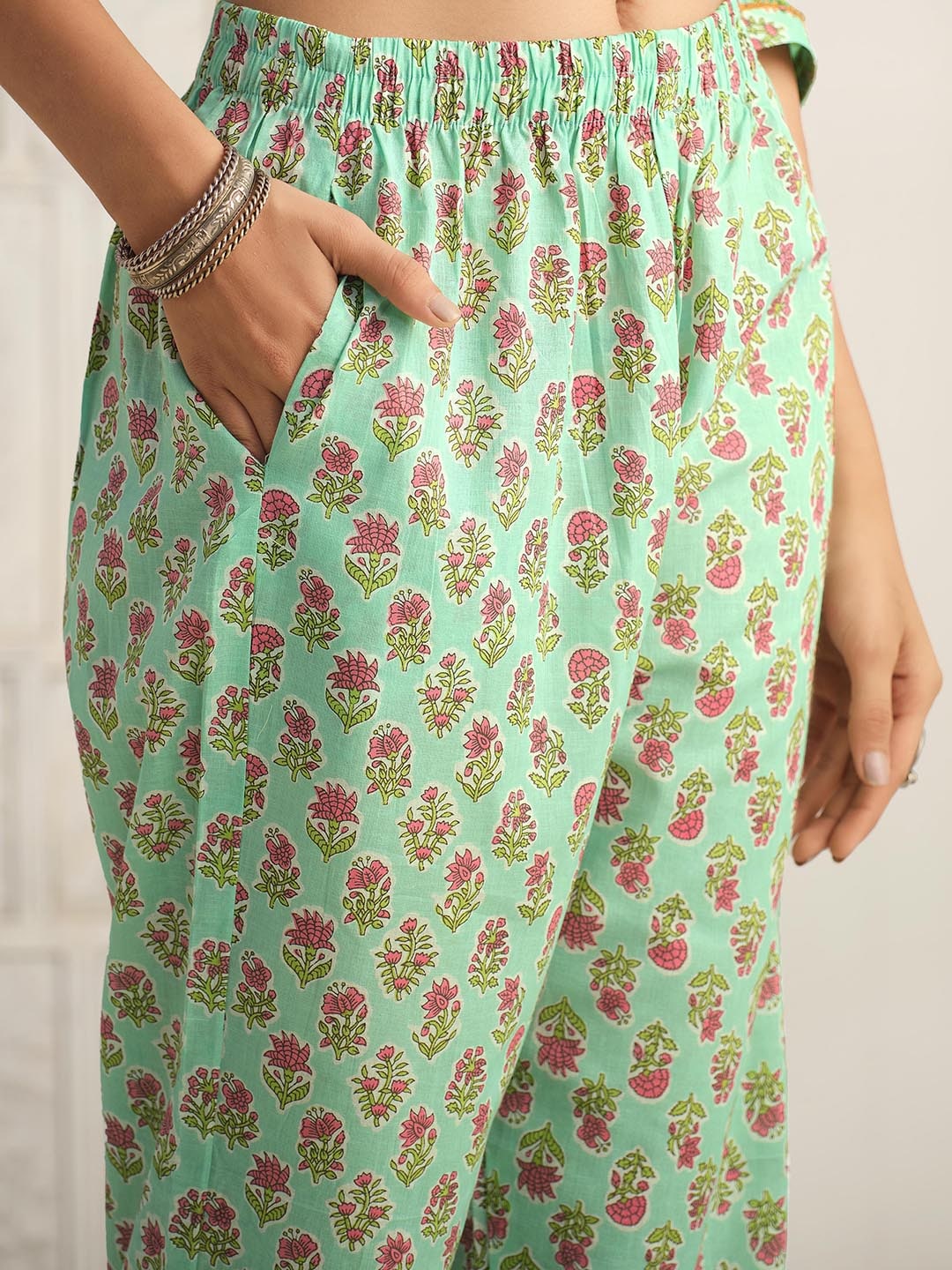 Sangria Floral Printed Gotta Patti Pure Cotton Kurta With Trouser & Dupatta - Distacart