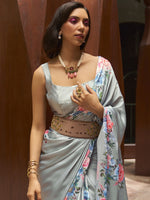 Thumbnail for Mitera Grey & Pink Floral Satin Banarasi Saree - Distacart