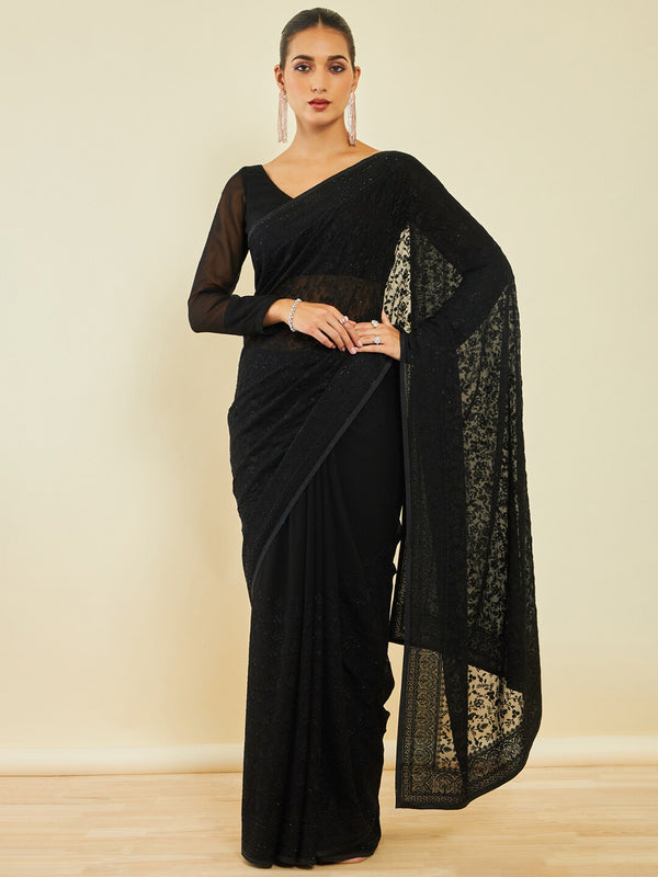 Soch Floral Embroidered Stone Work Saree - Distacart