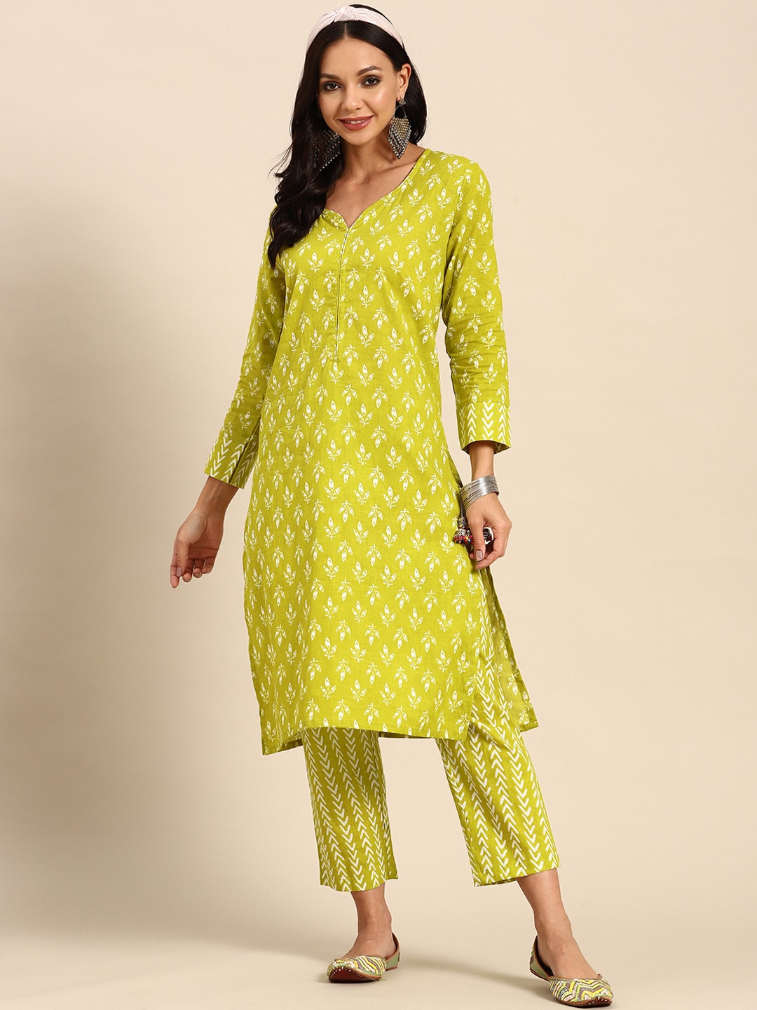 Sangria Green Ethnic Motifs Printed Pure Cotton V-Neck Straight Kurta With Trouser - Distacart