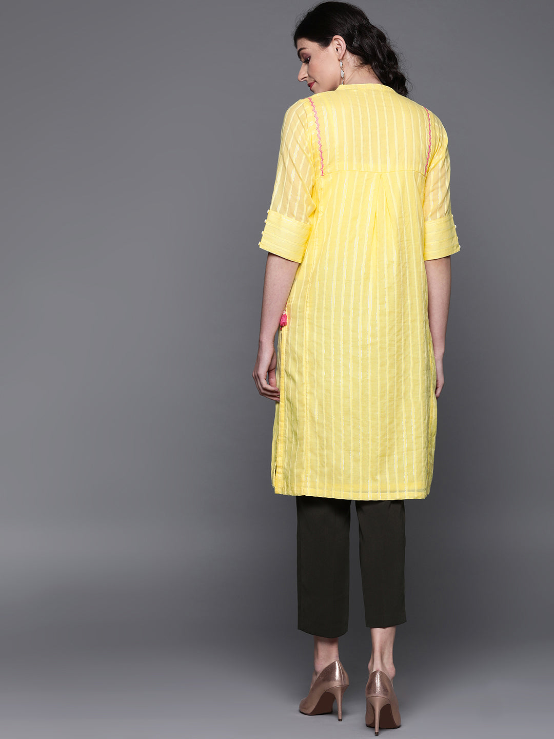 Biba Women Yellow Striped Straight Kurta - Distacart