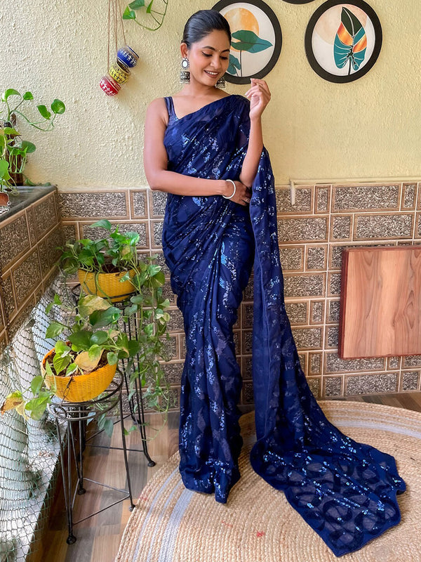 Mitera Navy Blue Embellished Sequinned Pure Georgette Saree - Distacart