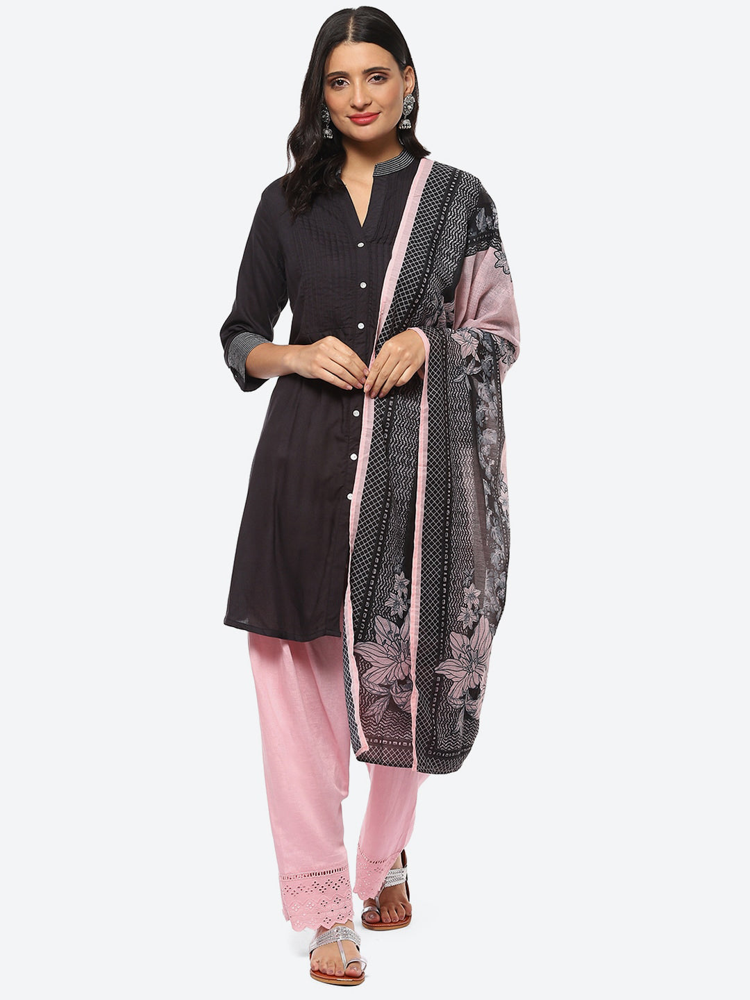 Biba Women Pleated Kurta with Palazzos & Dupatta Set - Distacart
