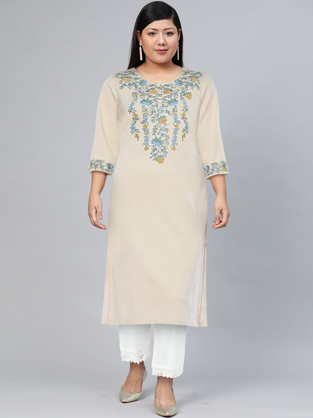 Biba Women White Ethnic Motifs Embroidered Kurta - Distacart