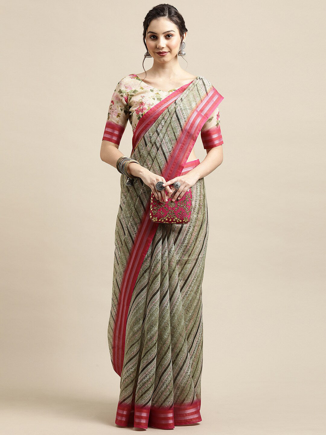 Saree Mall Olive Green & Pink Leheriya Linen Blend Saree - Distacart