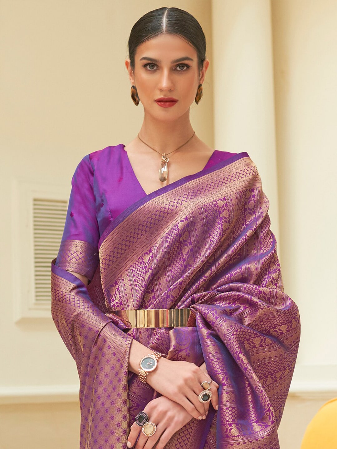 Mitera Purple & Golden Woven Design Zari Silk Blend Kanjeevaram Saree - Distacart