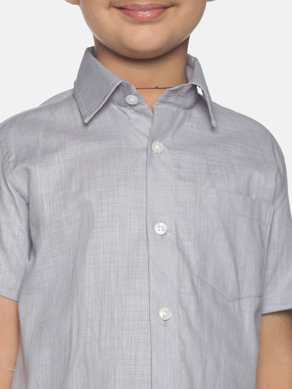 Sethukrishna Boys Grey & White Solid Shirt and Veshti Set - Distacart