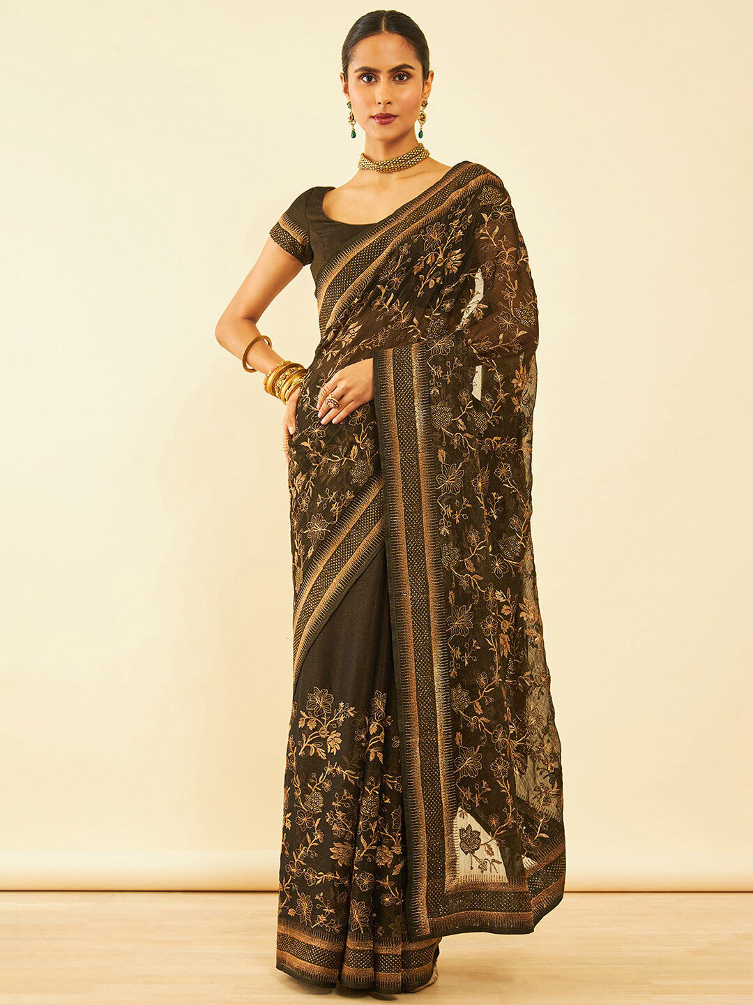 Soch Floral Embroidered Zari Pure Chiffon Saree - Distacart