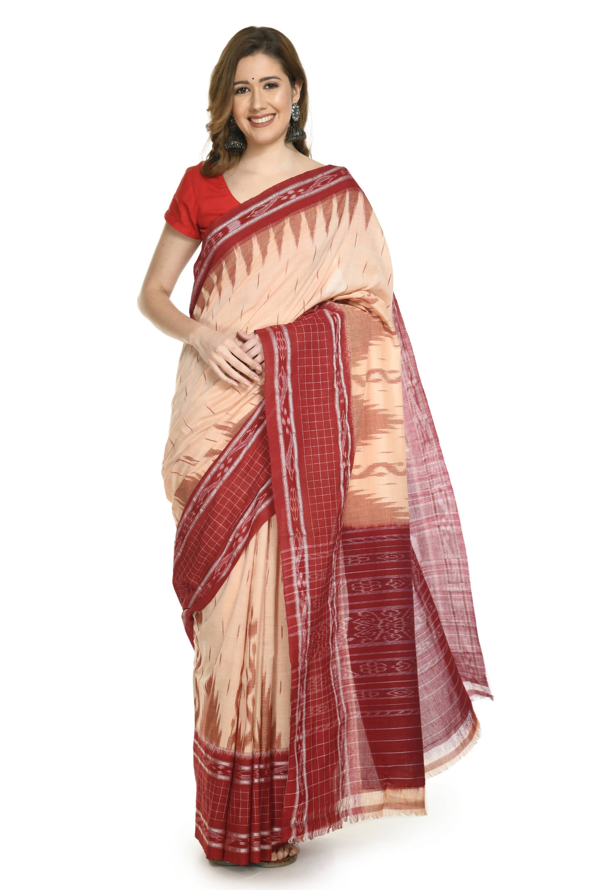 Vamika Sambalpuri Ikat Cotton Scot Dali Tasrite & Maroon Saree - Distacart