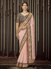 Thumbnail for Myra Baby Pink Art Silk Heavy Embroidered Designer Saree - Distacart