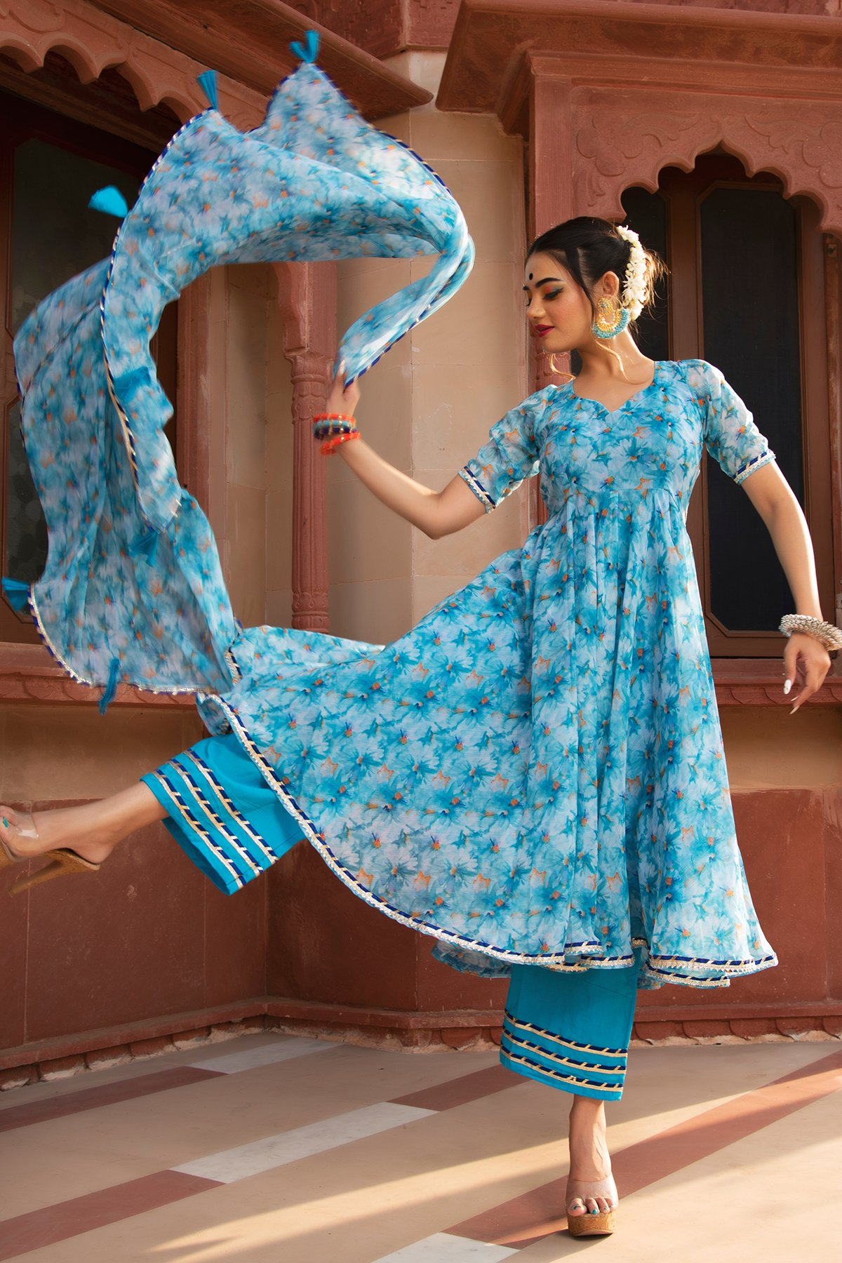 Pomcha Jaipur Lilly Of Nile Chiffon Anarkali Suit Set - Distacart