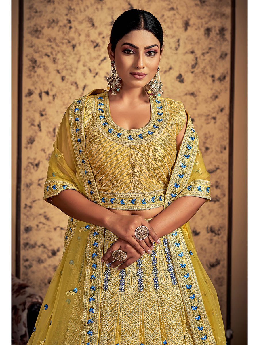 Myra Mustard Soft Net Heavy Embroidered Designer Lehenga - Distacart